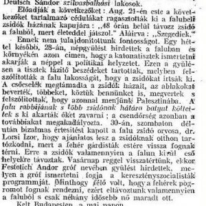 Részlet a „A dunántúli zsidóüldözések aktáiból.” (Forrás: Egyenlőség, 1919. 09. 25., 4. o.)
